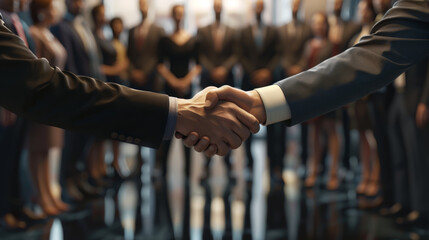 close-up of two people in business attire shaking hands, with blurred figures in the background - obrazy, fototapety, plakaty
