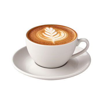  hot coffee cup latte with heart shaped latte art milk foam on white saucer white background