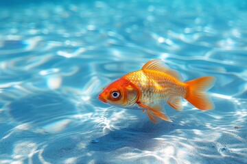 A single goldfish swims elegantly in crystal-clear blue water, casting light and shadows on the sand
