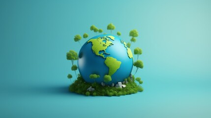 Earth day illustration with world and trees on blue background