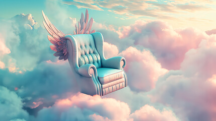 Fotel ze skrzydełkami lecący nad chmurami - obrazy, fototapety, plakaty