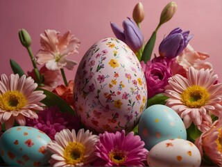 Painted Easter eggs on a pink background