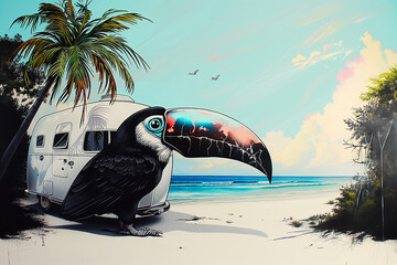 Ilustracja gigantycznego ptaka tukana na plaży z kamperem w tle - obrazy, fototapety, plakaty