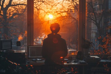 Fototapeta premium A warm sunset streams through a window, backlighting a silhouette of a person at a computer in a cozy office setting