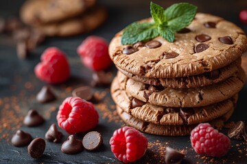 A tempting stack of chocolate chip cookies is accented with fresh raspberries and a mint leaf, creating a delicious scene