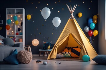 Naklejka premium Beautiful interior of kids room in dark colors with teepee tent and bulbs. Generative Ai.