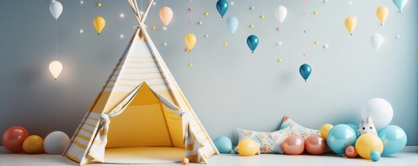 Beautiful interior of kids room in light pastel colors with teepee tent, banner. Generative Ai.