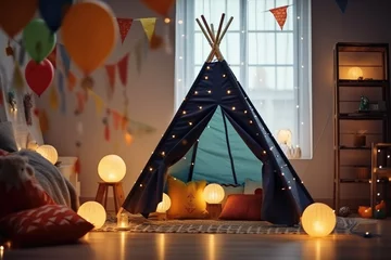 Poster Beautiful interior of kids room in dark  colors with teepee tent and bulbs.  Generative Ai. © annamaria