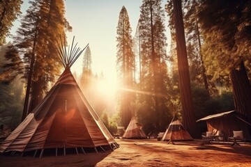 Camp place full of teepees in nature with colorful sunset light. Generative Ai.