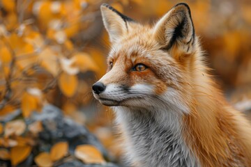 Naklejka na ściany i meble A solitary vibrant-colored fox with an intense gaze captured amidst fall foliage portraying the change of seasons
