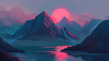 Fototapeta na wymiar Nordic Twilight: Mountain, Sea, and Islands Silhouette. Generative AI