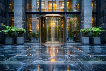 An elegant and refined entrance to a corporate building with glowing lights and marble flooring