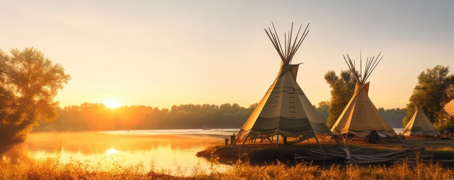 Camp place full of teepees in nature with colorful sunset light, banner. Generative Ai.