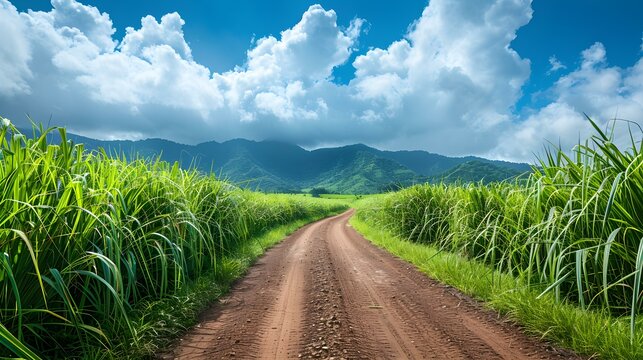 A quiet country road winding through a lush sugarcane field in summer. Concept Rural Landscapes, Sugarcane Fields, Country Roads, Summer Scenery