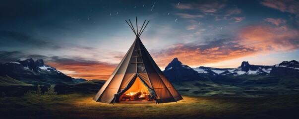 Teepee tent in the middle of cold nature with aurora lights on the sky, banner. Generative Ai.