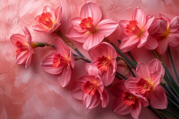 Whimsical pink daffodils in a dreamy bog-inspired setting at dawn