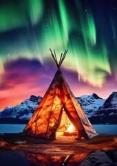 Teepee tent in the middle of cold nature with aurora lights on the sky.  Generative Ai.