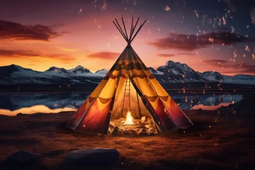 Foto op Canvas Teepee tent in the middle of cold nature with aurora lights on the sky.  Generative Ai. © annamaria
