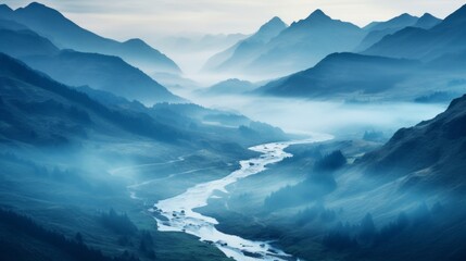 Misty mountain valley in the morning breathtaking landscape - obrazy, fototapety, plakaty
