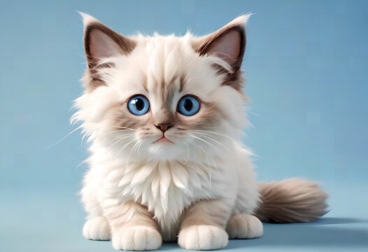 A beautiful young purebred Ragdoll kitten sits on an blue background.