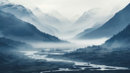 Misty mountain valley expansive and majestic view - obrazy, fototapety, plakaty