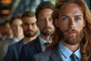 A blue-eyed man with facial hair stands out in a lineup of professional colleagues