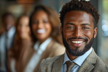 A cheerful, bearded African businessman surrounded by smiling colleagues