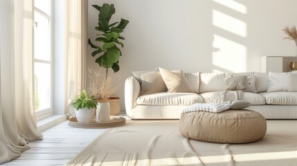 A cozy living room with a white couch and potted plant. Ideal for interior design concepts