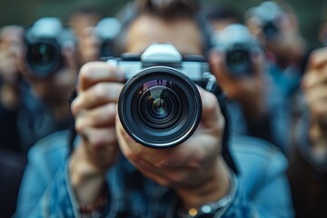 Group of photographers with DSLRs pointing lenses directly at the viewer, expressing the concept of media attention and paparazzi