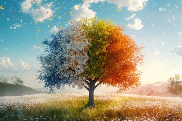 A beautiful tree standing in a field of colorful flowers. Perfect for nature backgrounds