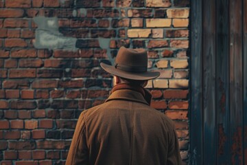 A man in a hat standing in front of a brick wall. Suitable for various concepts and designs