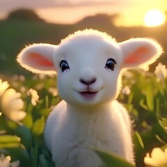cute lamb smiling at sunset among the greenery