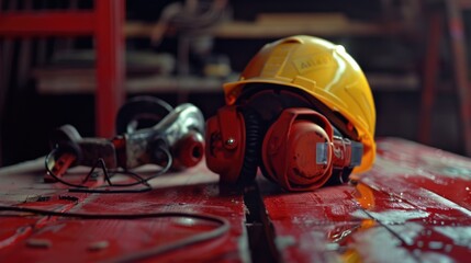 A yellow hard hat placed on a red table. Suitable for construction and safety concepts
