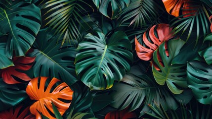 Vibrant green and orange tropical leaves creating a beautiful backdrop. Perfect for nature-themed designs
