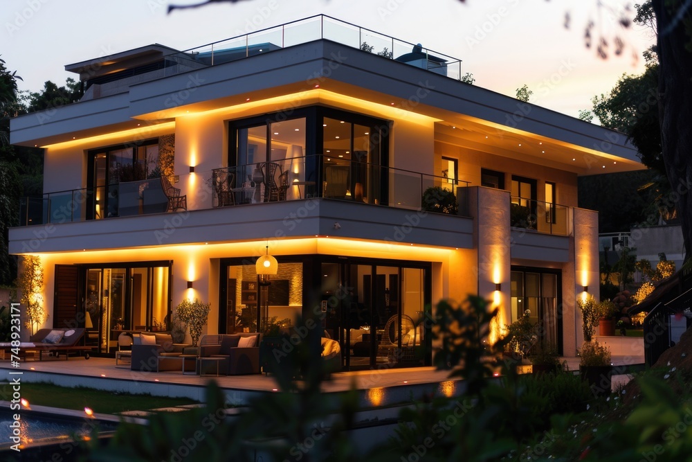 Poster a large house with a pool in front of it. suitable for real estate or vacation concepts