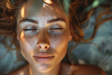 Peaceful woman with freckles, eyes closed in serene environment with sunlight patterns