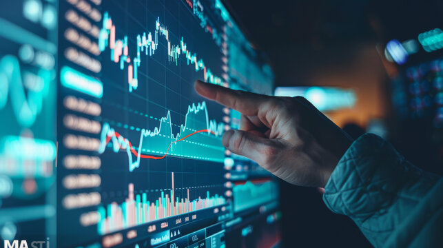 hand pointing to a futuristic digital stock market graph display with various lines and bars indicating trading data.