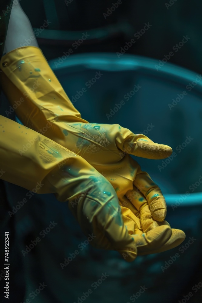 Aufkleber a person holding a bucket in yellow gloves. suitable for various concepts and projects