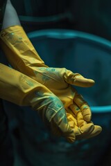 A person holding a bucket in yellow gloves. Suitable for various concepts and projects