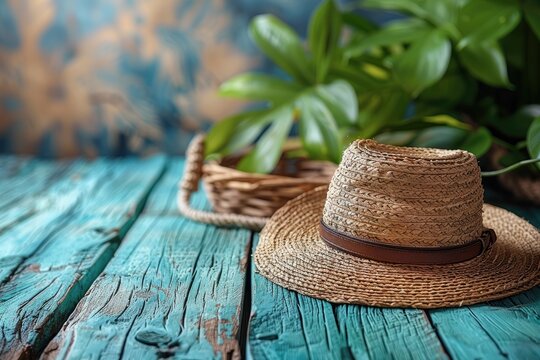 A straw hat rests on weathered blue wood, creating a scene that evokes feelings of summer and rural life