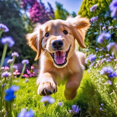 golden retriever puppy jumoing playing with flowers