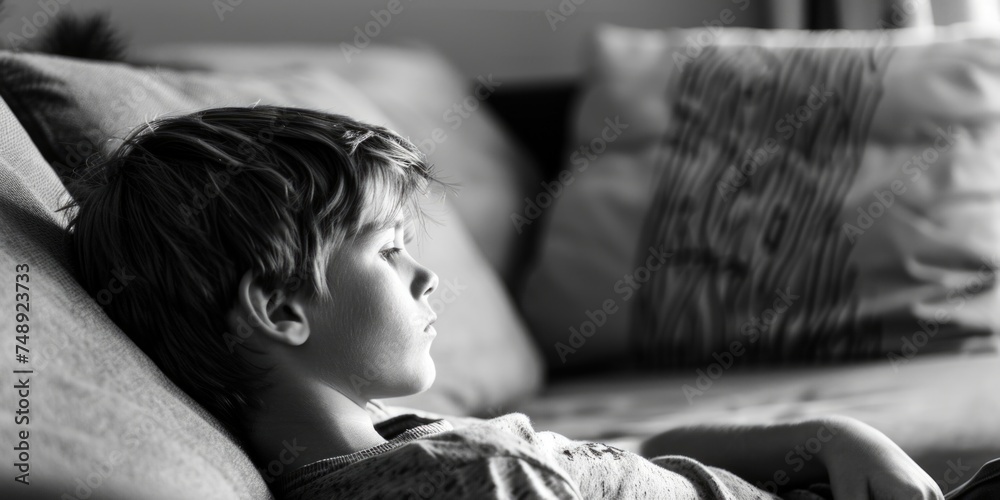 Poster a young boy sitting on a couch with a remote control. ideal for home entertainment concepts