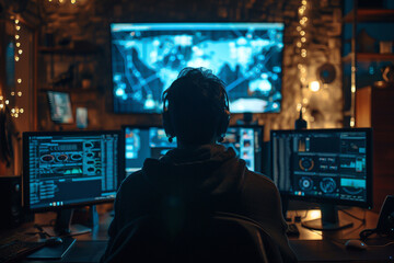 Back view of a person with headphones facing a multi-monitor setup with graphical interface, in a cozy gaming environment.
