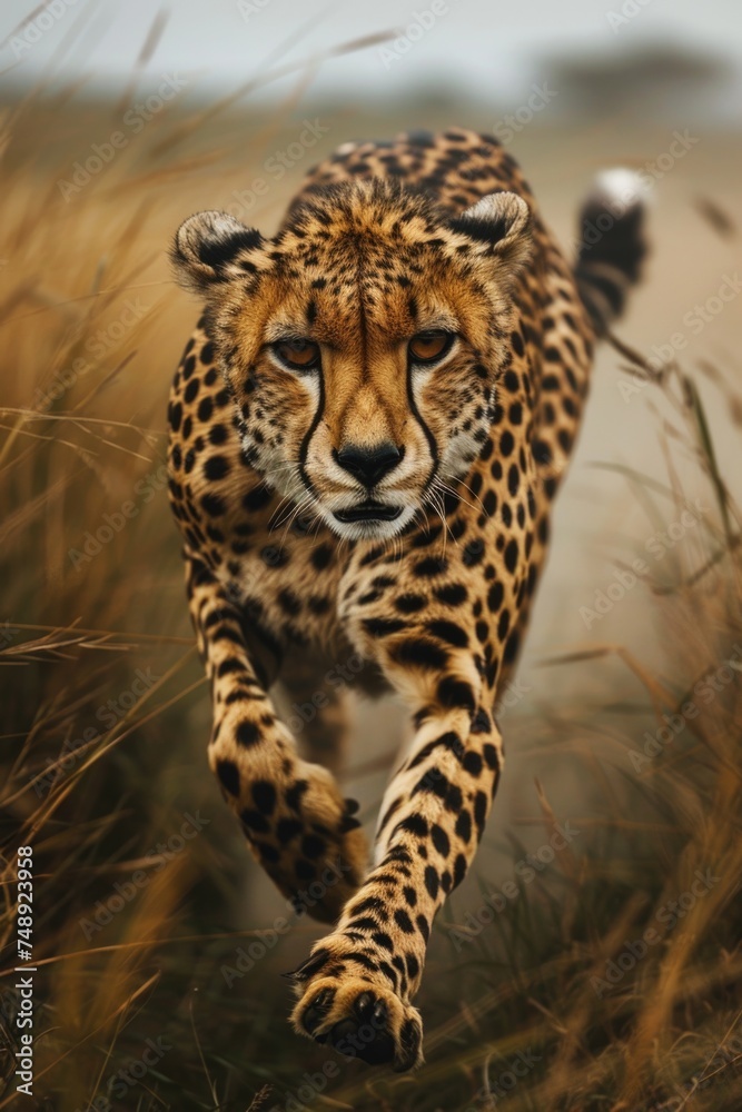 Poster A dynamic image of a cheetah running through tall grass. Suitable for wildlife and nature concepts
