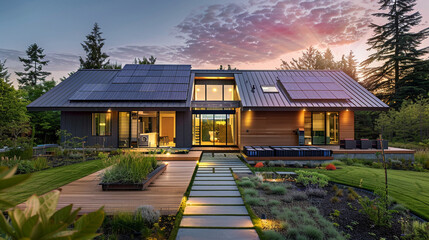 Dusk settles on a modern home solar panels gleaming storage batteries lined neatly Ecosustainability meets design - obrazy, fototapety, plakaty