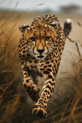 A dynamic image of a cheetah running through tall grass. Suitable for wildlife and nature concepts