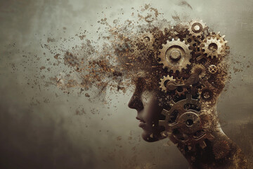 Editorial Photography capturing the metaphorical concept of thoughts as gears on a persons head - obrazy, fototapety, plakaty