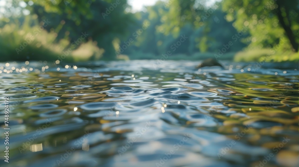 Poster Scenic view of a river with rocks and trees in the background. Perfect for nature-themed projects