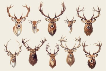 A collection of deer heads on a plain white background. Suitable for various design projects