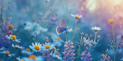 Beautiful blue butterfly perched on vibrant purple flower. Great for nature and garden themes - obrazy, fototapety, plakaty